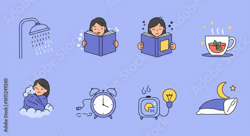 Illustration showcasing daily routine activities including showering, reading, and preparing for sleep