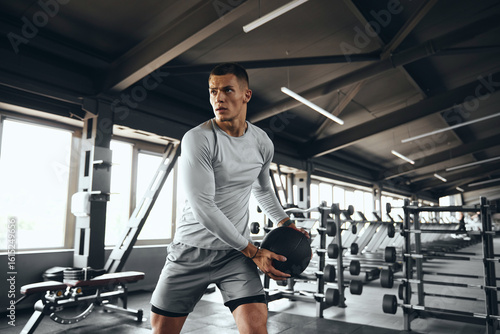 Horizontal photo of a fit male athlete training with a medicine ball at the gym. The strong young man is performing a strength exercise using the fitness ball. 