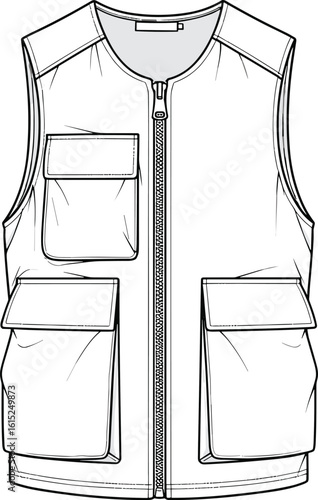 Sleeveless utility vest cad flat sketch with zipper and flap pockets, detailed fashion design, technical vector garment illustration front view