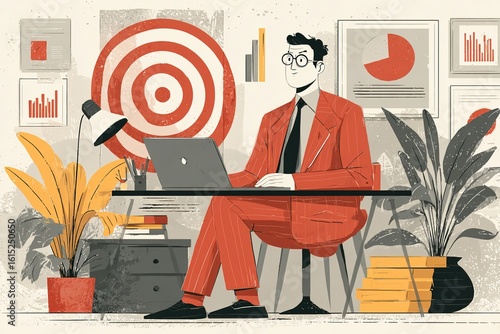 Target market or audience. Marketing segmentation strategy and analysis. Marketer using laptop computer to research customer data. High quality