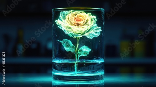 Glowing rose in a glass