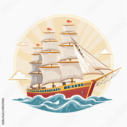 A majestic sailing ship with billowing sails on the ocean waves.