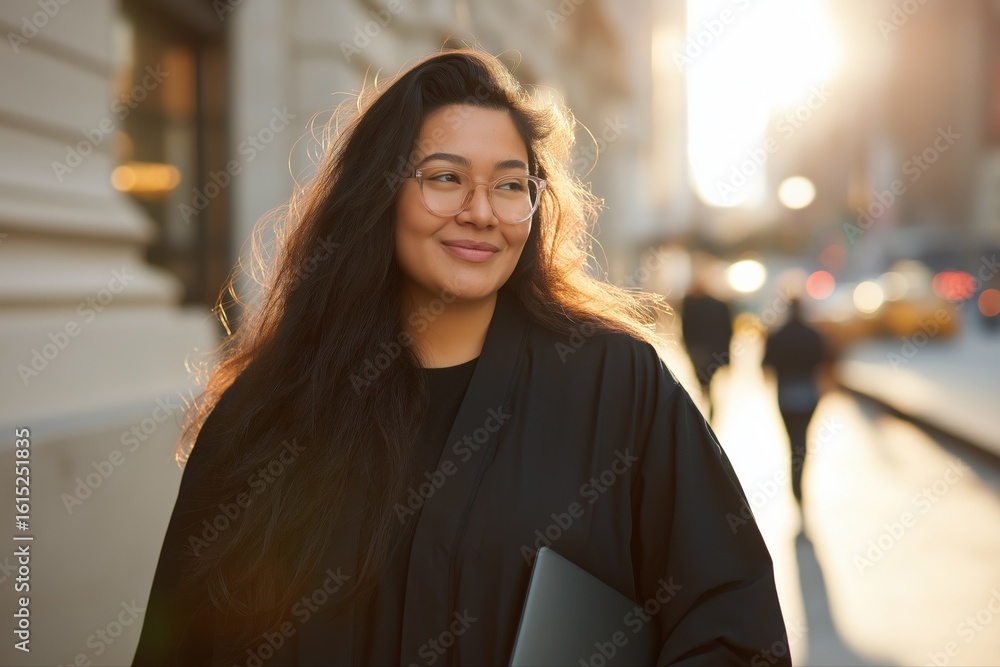 Smiling young asian female walking in urban sunset setting Smiling young asian female walking in urban sunset setting