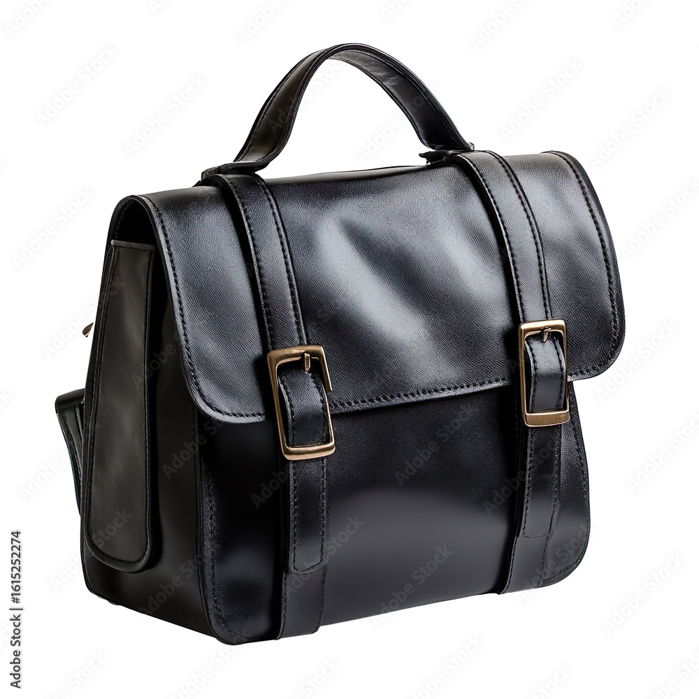 Black leather satchel bag with buckles isolated on transparent background Black leather satchel bag with buckles isolated on transparent background