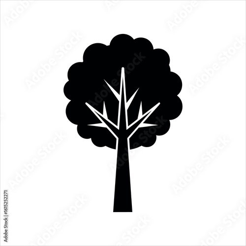 Black silhouette of a stylized tree with a rounded canopy and branching limbs white nature