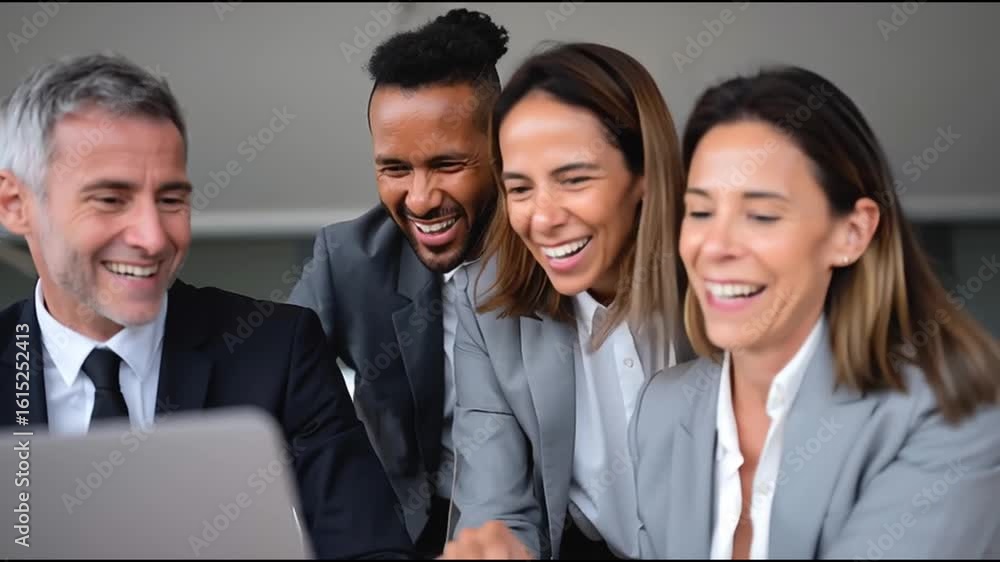 Group of Professionals Collaborating on Laptop in Modern Office Environment Group of Professionals Collaborating on Laptop in Modern Office Environment