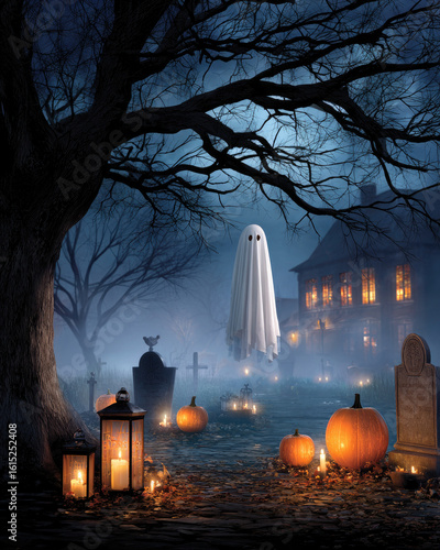 Haunting ghost encounter at a spooky cemetery during halloween atmospheric night scene eerie lighting captivating view of the supernatural