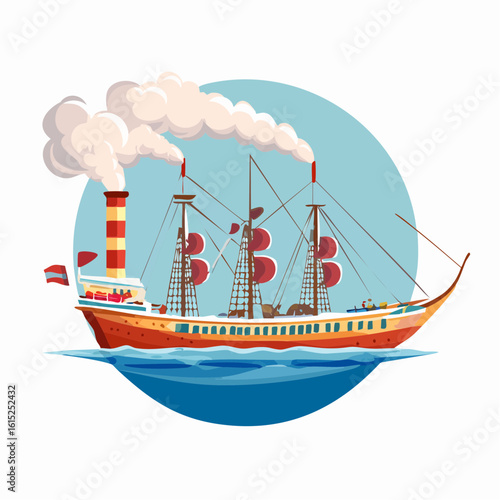 Colorful Steamship with Puffing Smoke on a Light Blue Background