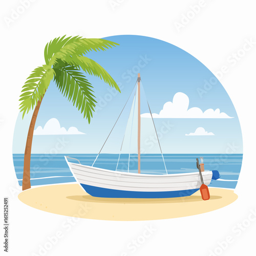 Peaceful Beach Scene with Sailboat and Palm Tree