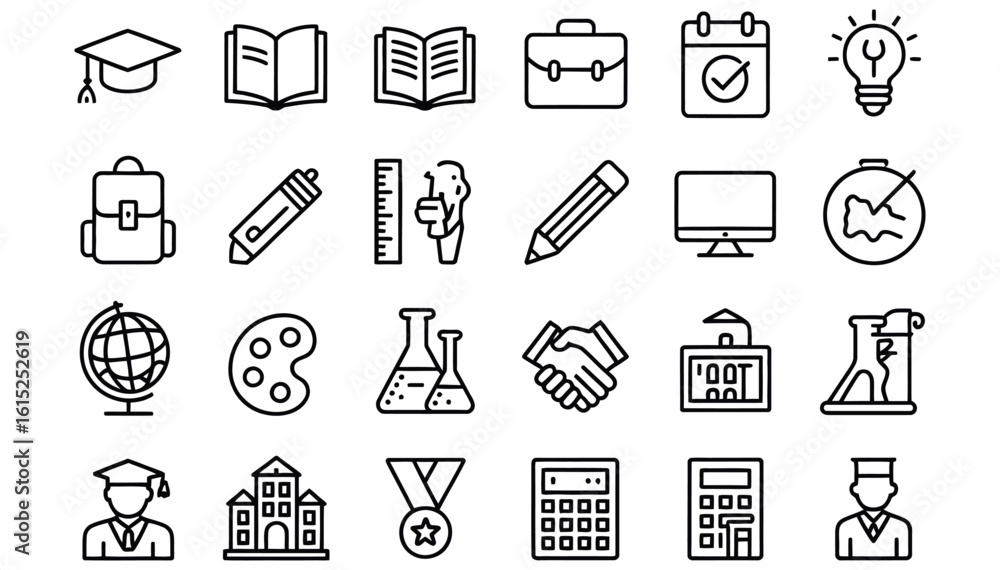 Fototapeta premium WebVector art of a comprehensive set of education icons representing school, learning, and academic subjects, isolated on white background