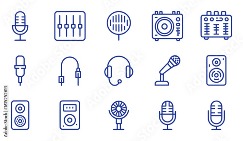 Audio equipment icons microphone speaker mixer headphones sound vector