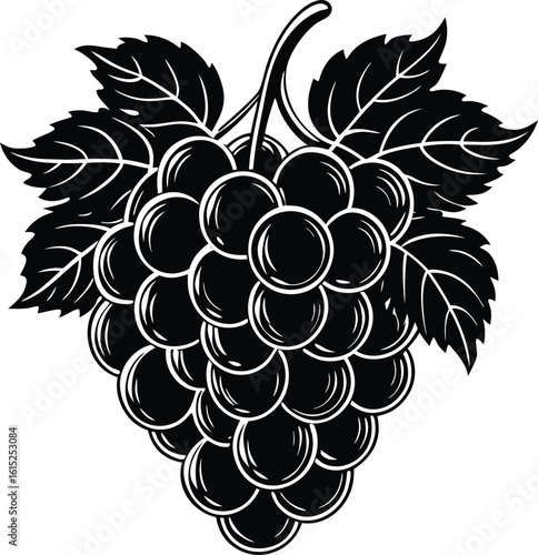 Vintage black fill of a bunch of grapes with leaves illustration