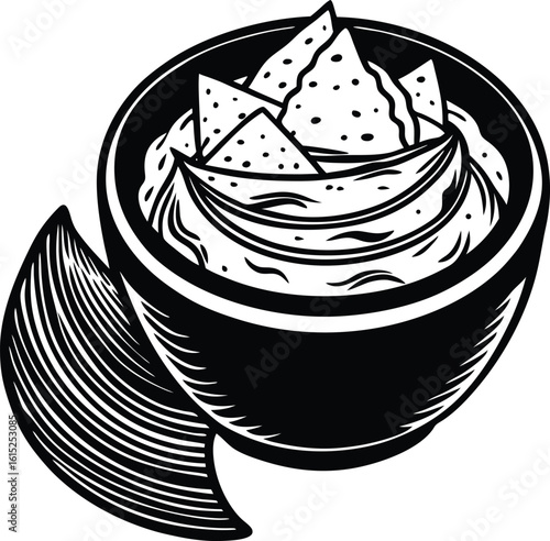 Woodcut style illustration of guacamole and tortilla chips