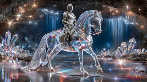 Armored Knight on Transparent Crystal Horse in Magical Crystal Cave with Waterfall and Rainbow Light