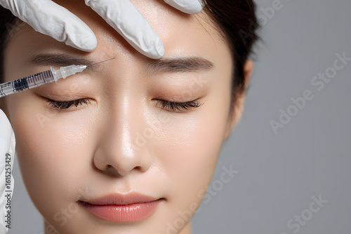 A young woman receiving face care treatment with hyaluronic acid and botox injections for anti-aging
