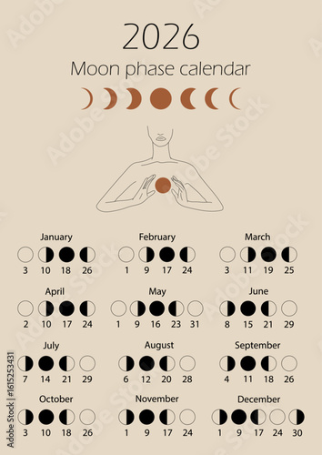 Moon phases calendar 2026 with a girl line. Waning gibbous, Waxing crescent, New moon, Full moon with dates.