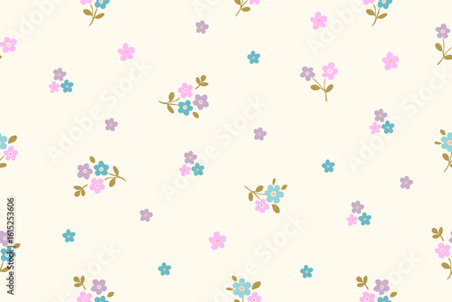 Soft pastel floral pattern with pink, blue, and purple flowers scattered on a light beige background. Cute and delicate design ideal for fabric or kids' decor.
