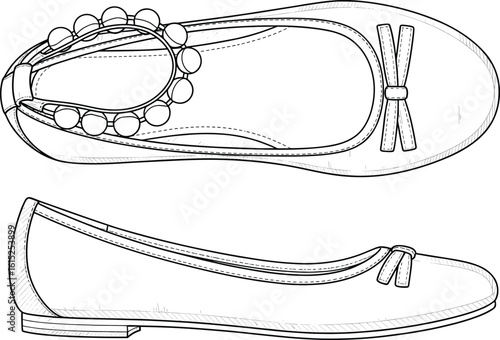 Top view and side view of ballerina flat shoe with bow, detailed technical vector, footwear fashion cad drawing illustration