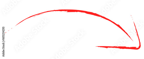 Dynamic red brush stroke arrow curves downward indicating direction and progress with a bold, artistic flair for emphasis