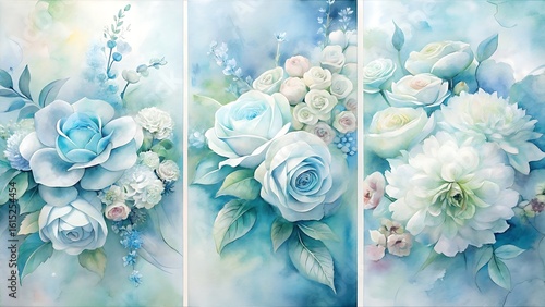 Delicate watercolor floral arrangement featuring soft blue and white roses and peonies in a dreamy ethereal and romantic composition