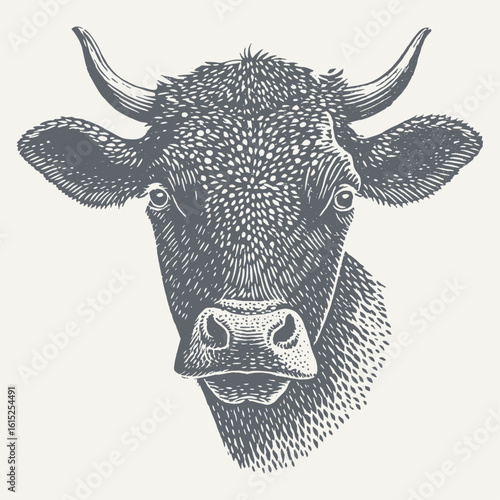 Intricate black and white illustration of a cow's head with detailed shading and texture.
