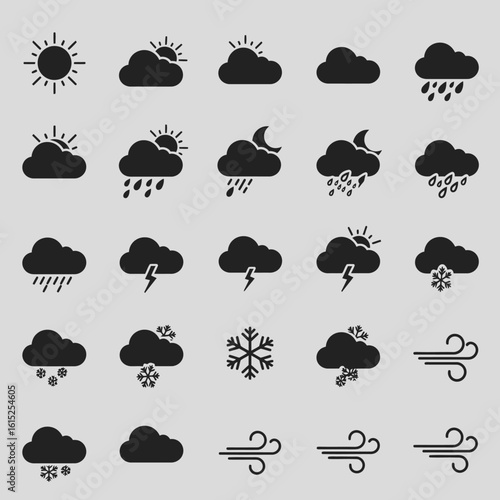 Monochrome weather icon collection. A set of flat, simple symbols for meteorological forecasting, web, and app design.