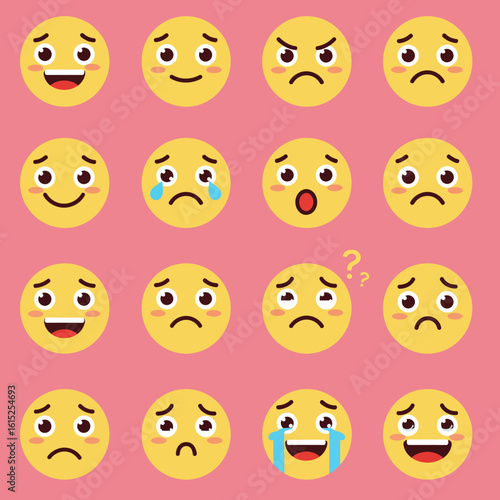 Set of cartoon emoticon faces with various expressions. Flat design vector graphic icons showing different moods.