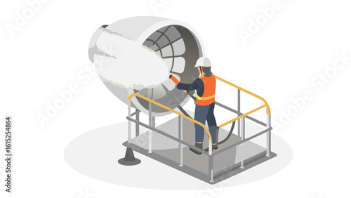 Worker cleaning a large spherical structure on a platform with safety railings and wearing safety gear