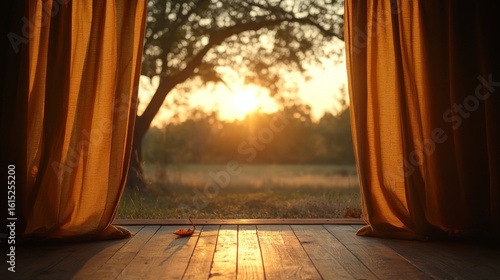 Golden hour view through curtains