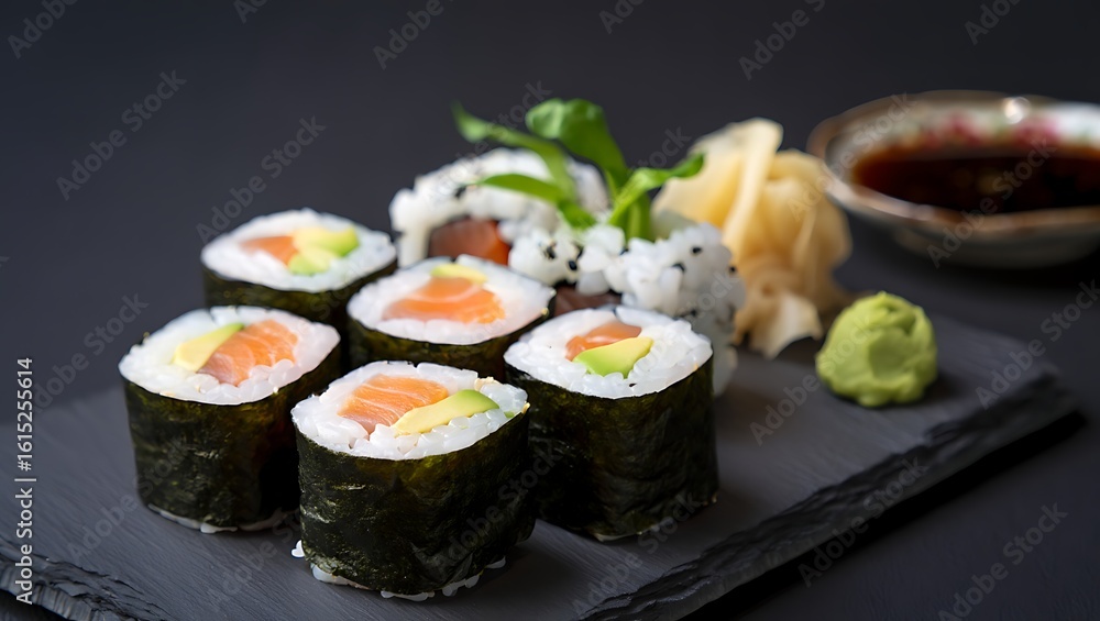 Delicious salmon avocado sushi rolls served with soy sauce wasabi and pickled ginger on a dark background Delicious salmon avocado sushi rolls served with soy sauce wasabi and pickled ginger on a dark background