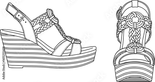 Wedge heel braided sandal technical sketch, fashion footwear CAD flat vector illustration, side and front view design for apparel industry
