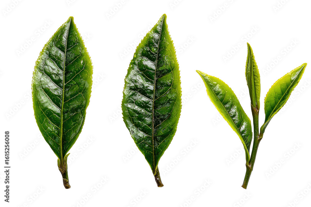 Obraz premium Close-up of fresh tea leaves, vibrant green hues, detailed leaf veins, isolated against black background