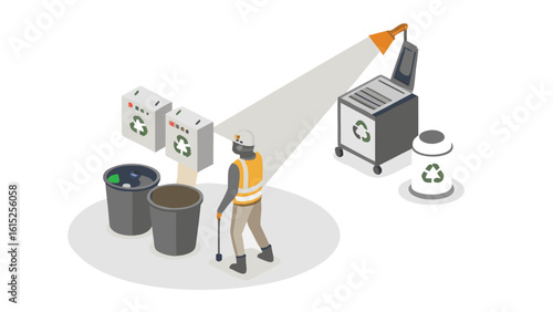 Isometric view of sanitation worker with recycling bins and a trash compactor under a spotlight