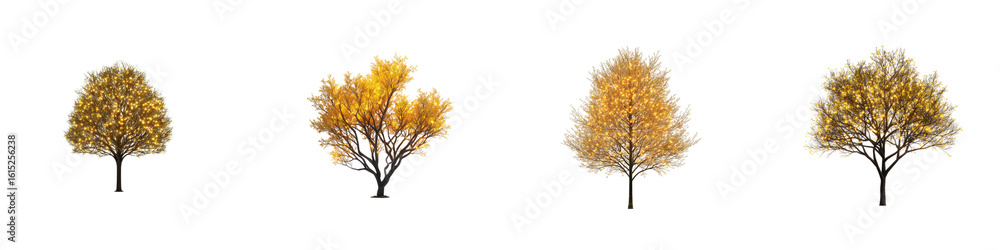 Obraz premium Four Illuminated Trees With Glowing Yellow Lights Isolated On A Transparent Background Transparent Background
