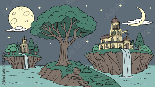 Fantasy landscape illustration of floating islands with castle tree and waterfalls scenic night cartoon art