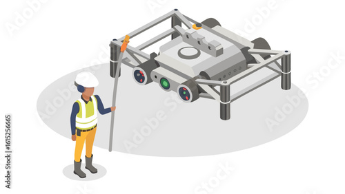 Isometric view of a worker with a pole next to a large gray industrial inspection robot platform