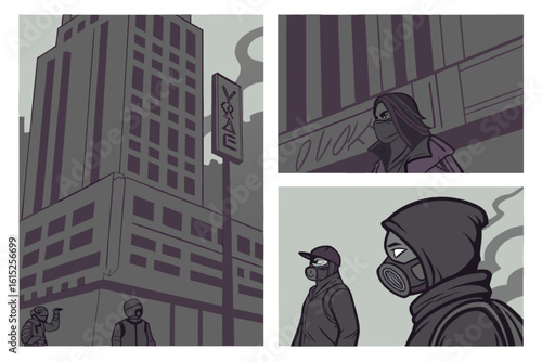 Urban dystopian cityscape with masked figures and gas masks in a polluted environment concept art