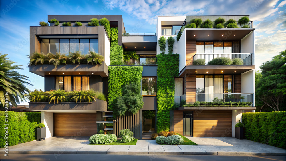 Fototapeta premium Contemporary family duplex with geometric shapes and vertical garden 
