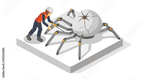 Isometric view of a worker repairing a cracked spherical robot spider on a white platform surface
