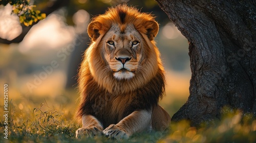 Majestic lion resting beneath a tree