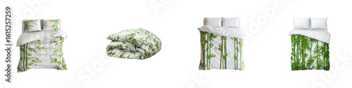 Wallpaper Mural Four views of a bed with white duvet cover featuring a green bamboo forest pattern transparent background Torontodigital.ca