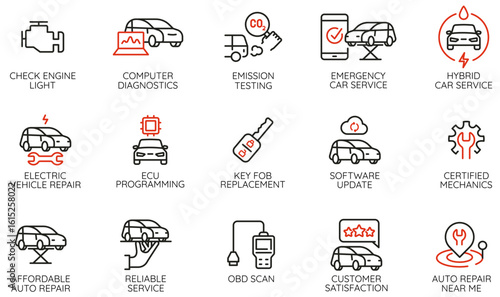Vector set of linear icons related to automotive service, car repair, maintenance, engine diagnostics for websites, mobile apps, infographics, car service, garages - part 3
