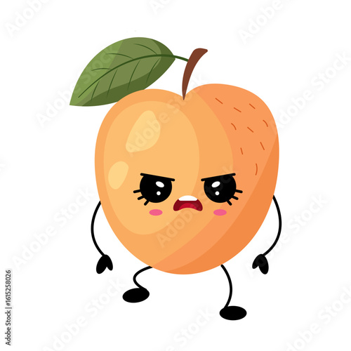 This is a cute cartoon character of an angry peach with a leaf on its head, full of charm