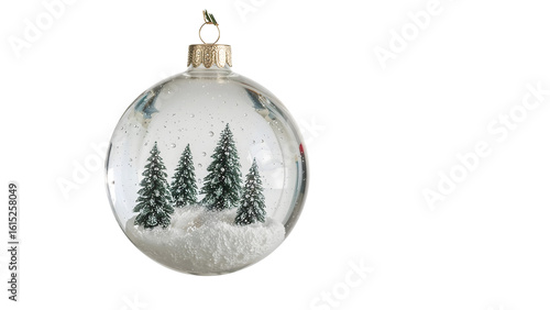 Elegant christmas tree ornament with snowy pine forest encased in glass sphere on isolated background