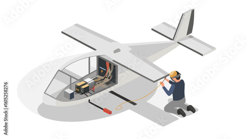 Isometric view of a small airplane being repaired by a technician with the plane's internal wiring exposed