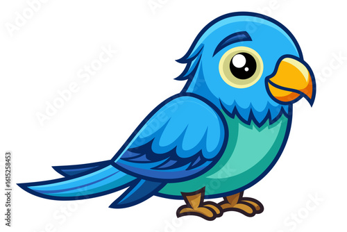 Vector illustration of a vibrant cartoon parakeet, also known as a budgie, featuring bright blue and yellow plumage with green feather detailing.