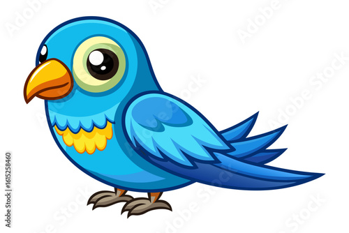 Vector illustration of a vibrant cartoon parakeet, also known as a budgie, featuring bright blue and yellow plumage with green feather detailing.
