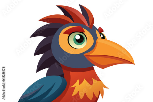 Vector illustration of a vibrant cartoon parakeet, also known as a budgie, featuring bright blue and yellow plumage with green feather detailing.