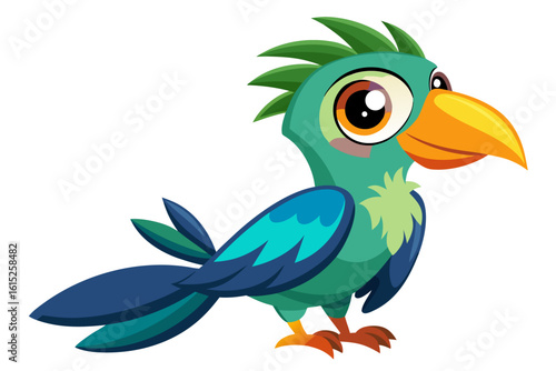 Vector illustration of a vibrant cartoon parakeet, also known as a budgie, featuring bright blue and yellow plumage with green feather detailing.