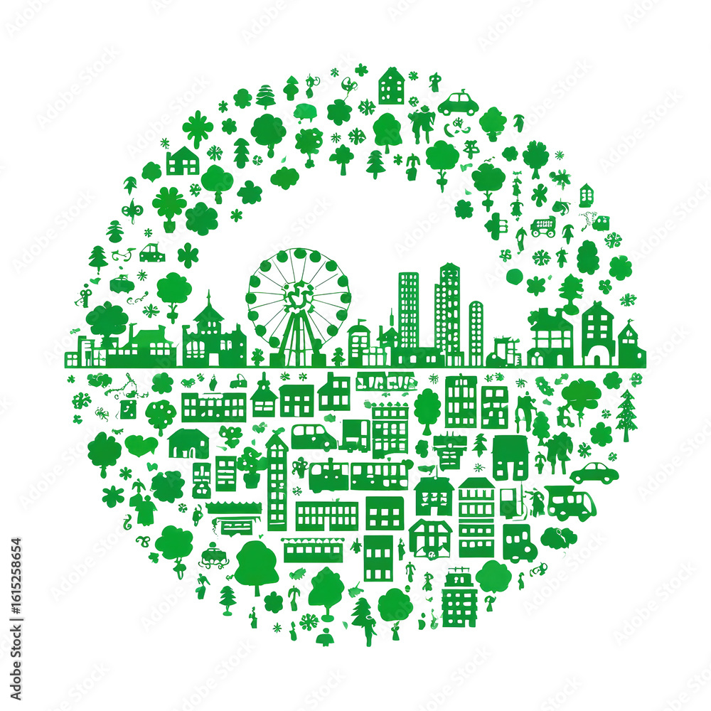 Circular green city silhouette, densely packed with miniature buildings, trees, and nature icons, forming a ring around a city skyline Circular green city silhouette, densely packed with miniature buildings, trees, and nature icons, forming a ring around a city skyline